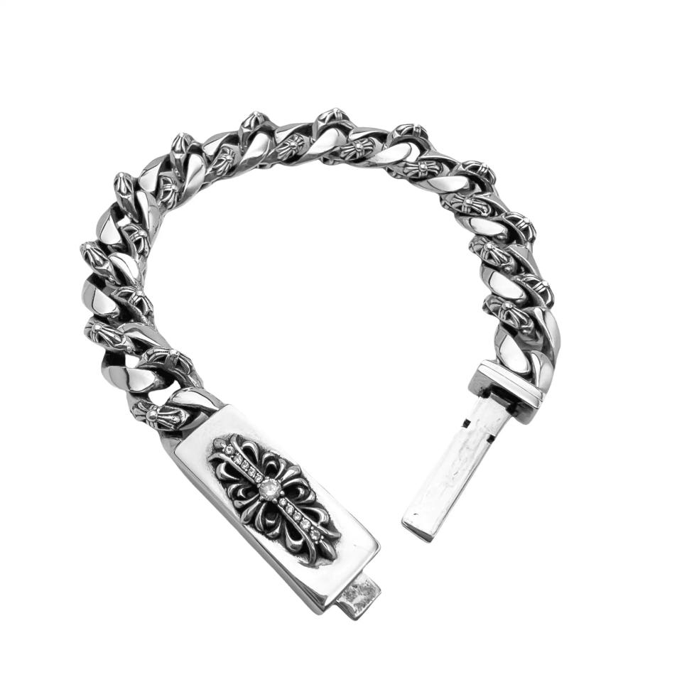 Floral Cross Id Fancy Chain with Diamond Bracelet Bangle Silver 